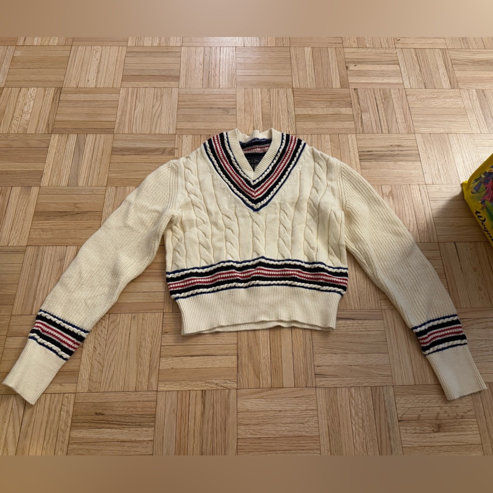 Cream, red and blue knit crop sweater